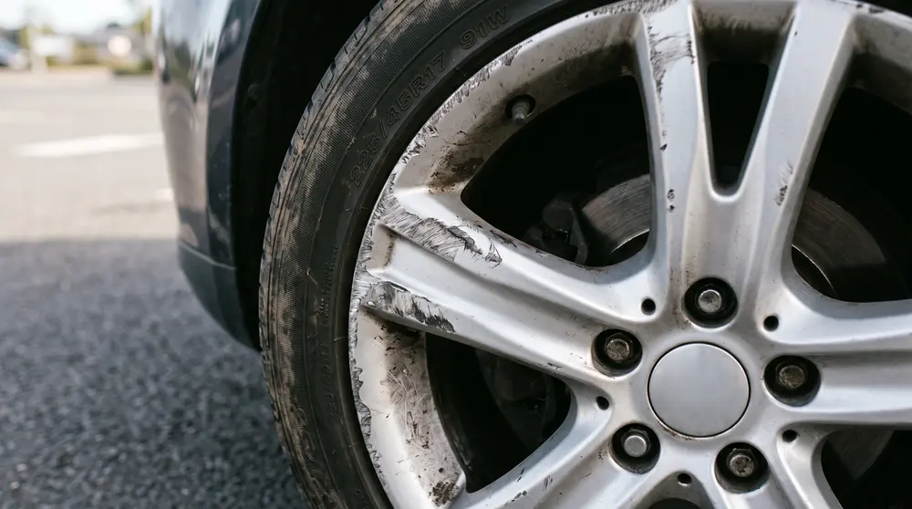 Kerb rash scuff damage on an alloy wheel rim