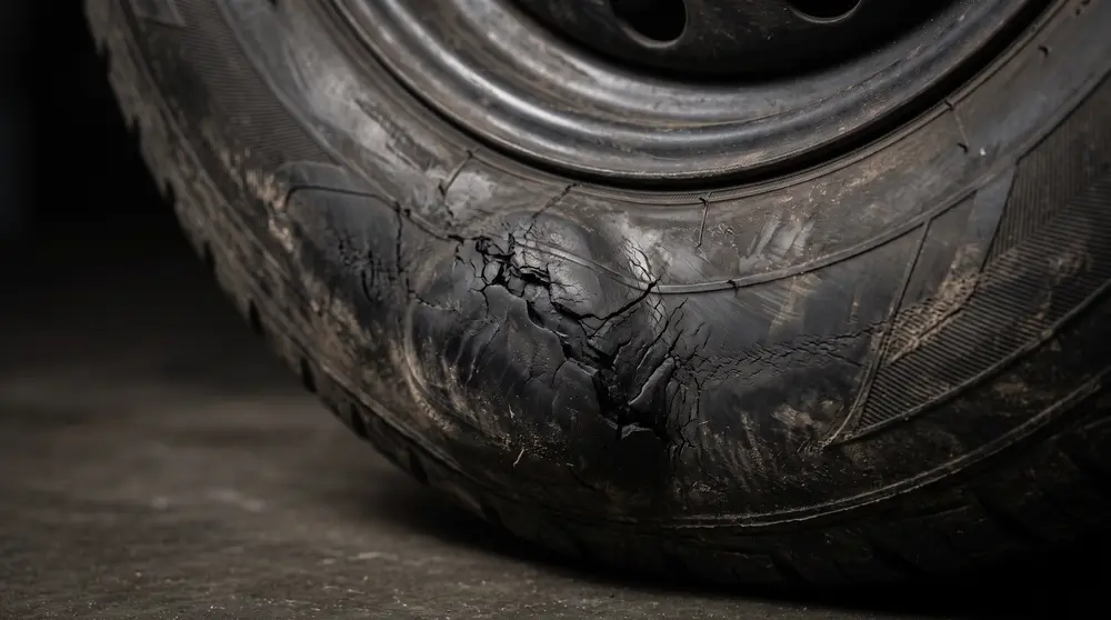 A bulge and cracking on a car tyre sidewall