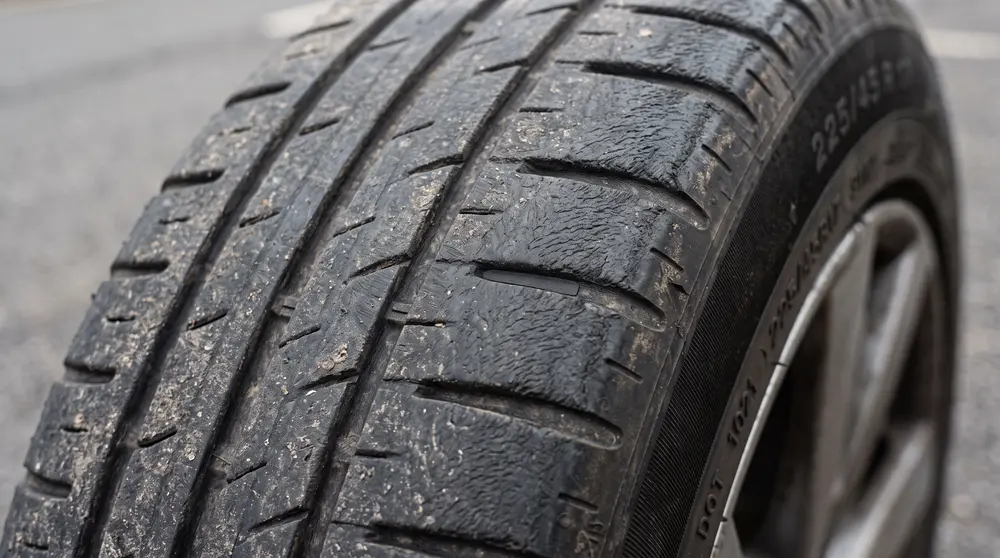 A worn car tyre tread close to the legal minimum depth